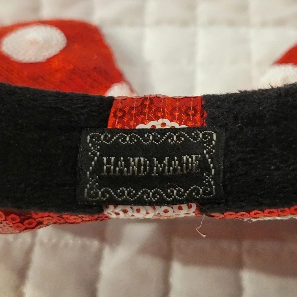 Disney Handmade Shimmering Minnie Mouse Red White Polka Dot Sequin Bow Headband
